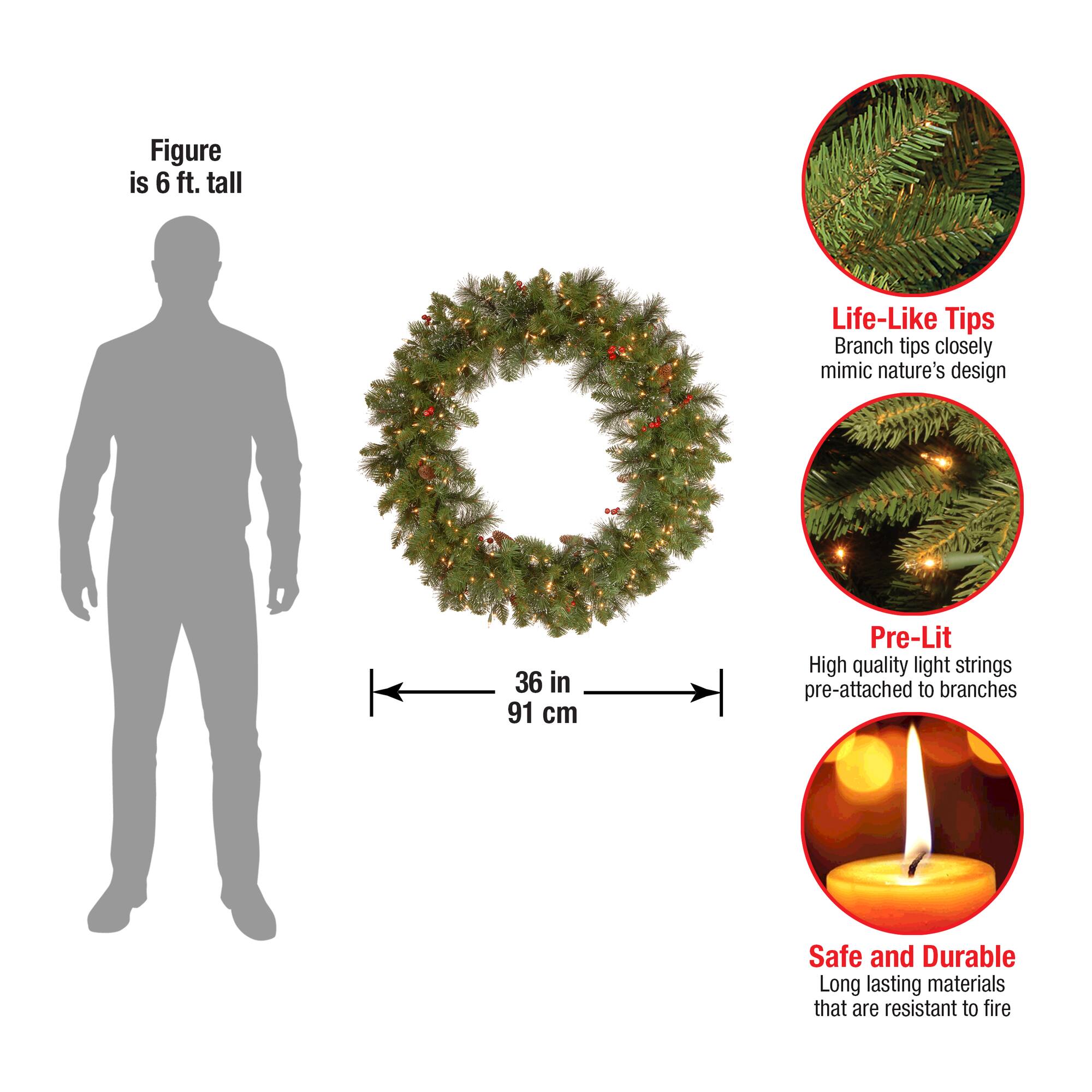 36" Crestwood Spruce Wreath with Silver Bristle, Cones, Red Berries & Glitter with 200ct. Clear Lights